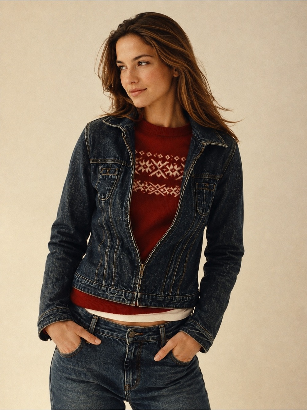 Vintage 1990’s Gap Denim Jean Jacket Dark Wash Red Wool Holiday Lining Sz Medium